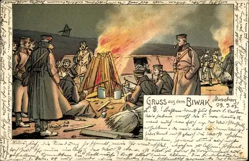 Litho Biwak, Deutsche Soldaten am Lagerfeuer, Soldatenleben, Kaiserzeit