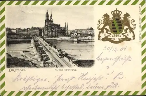 Passepartout Wappen Ak Dresden Altstadt, Blick über die Augustusbrücke
