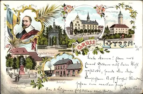 Litho Lützen im Burgenlandkreis, Rathaus, Altes Schloss, Bahnhof, Denkmal, Gustav Adolf