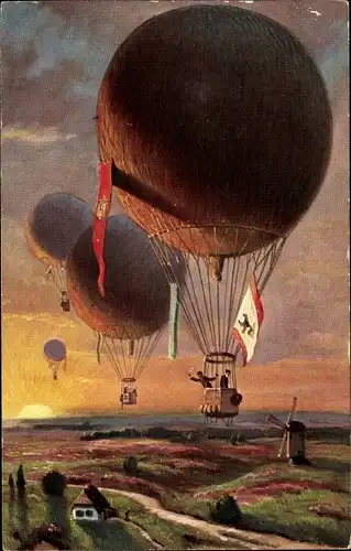 Ak Ballons über einem Ort, Fahnen, Windmühle