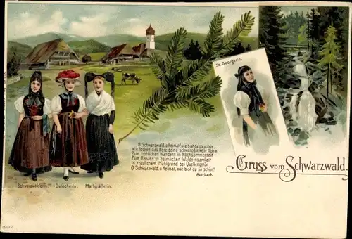 Litho St. Georgen im Schwarzwald Baar Kreis, Volkstrachten, Gutacherin, Markgräflerin, Wasserfall