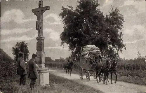 Ak Friedliche Bilder aus Kriegszeit, Nationale Frauengemeinschaft Köln, Postkutsche, Soldaten