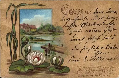 Ak Kitsch, Landschaft mit Gewässer, Seerosen