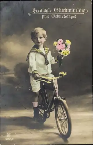 Ak Glückwunsch Geburtstag, Junge mit Blumenstrauß, Fahrrad, Kinderrad