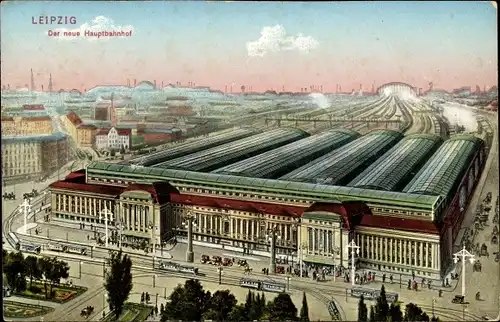 Ak Leipzig in Sachsen, Der neue Hauptbahnhof, Straßenbahnen