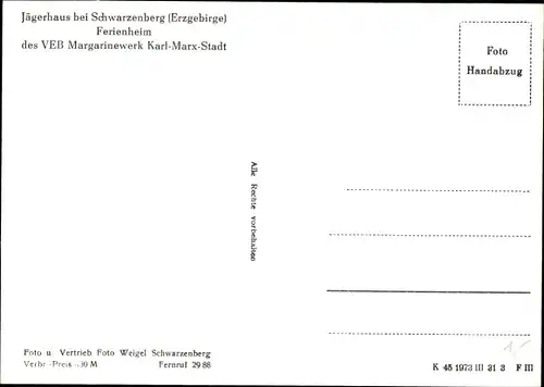 Ak Jägerhaus Bermsgrün Schwarzenberg im Erzgebirge, Ferienheim VEB Margarinewerk K-M-Stadt