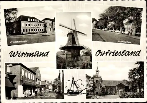 Ak Wittmund in Ostfriesland, Kreissparkasse, Marktplatz, Drostenstraße, Kirche, Mühle