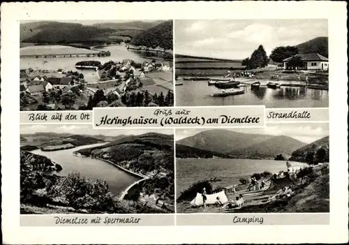 Ak Heringhausen Diemelsee Hessen, Camping, Blick auf den Ort, Strandhalle, Diemelsee