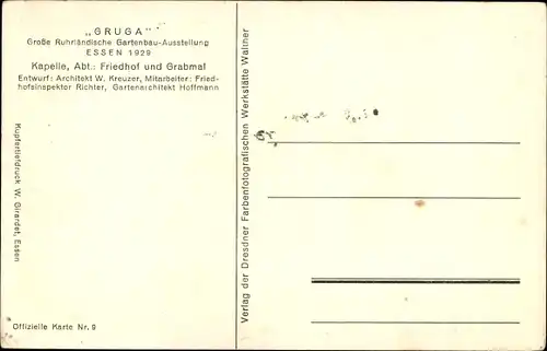 Ak Essen im Ruhrgebiet, GRUGA 1929, Kapelle, Abt.; Friedhof und Grabmal