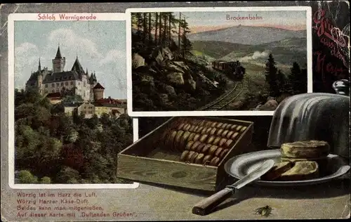 Ak Wernigerode am Harz, Schloss, Brockenbahn, Harzer Käse