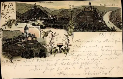 Litho Cochem an der Mosel, Panorama vom Ort u. Schloss, Weinglas