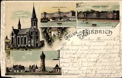 Litho Biebrich am Rhein Wiesbaden, Schloss Biebrich, Kirche, Unteroffz. Schule