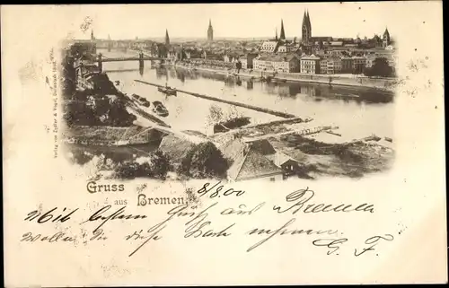 Ak Hansestadt Bremen, Panorama, Kirchen, Schiffe, Brücke