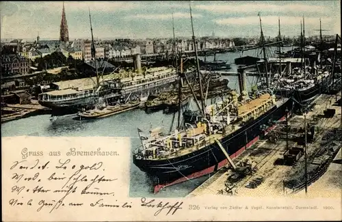 Ak Bremerhaven, Schiffe im Hafen aus der Vogelschau