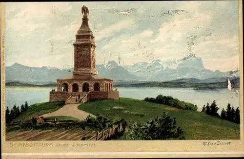 Künstler Litho Diemer, Zeno, Assenhausen Berg am Starnberger See, Bismarckturm gegen Zugspitze