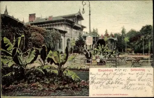 Ak Herrenkrug Magdeburg in Sachsen Anhalt,  Blick durch den Park, Biergarten