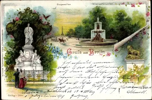 Litho Berlin Tiergarten, Siegesallee, Goethe-Denkmal, Wrangelbrunnen