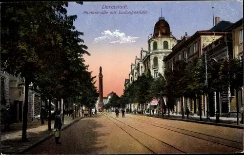 Ak Darmstadt in Hessen, Rheinstraße mit Ludwissäule