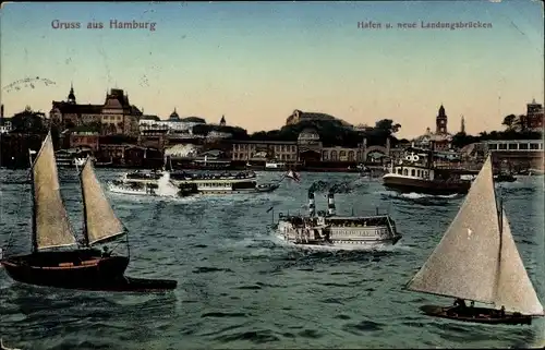 Ak Hamburg Mitte St. Pauli, Landungsbrücken, Hafen, Segelboote, Schiffe
