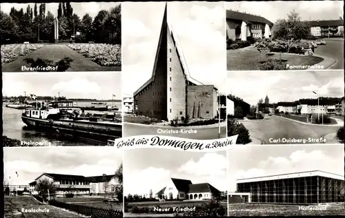 Ak Dormagen Niederrhein, Christuskirche, Ehrenfriedhof, Pommernallee, Carl Duisberg Straße, Schule