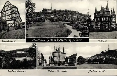 Ak Frankenberg an der Zschopau Sachsen, Ortsansicht, Jugendherberge, Rathaus, Krankenhaus, Rathaus