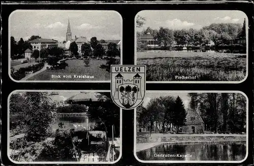 Ak Uelzen in Niedersachsen, Gertruden-Kapelle, Blick vom Kreishaus, Fischerhof, Wappen