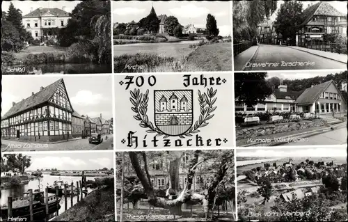 Ak Hitzacker an der Elbe, Wappen, 700j. Bestehen, Schloss, Kirche, Drawehner Torschänke, Zollhaus