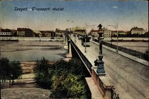 Ak Szeged Segedin Ungarn, Tiszaparti reszlet, Straßenbahn