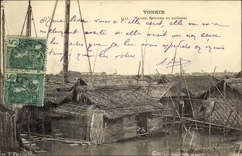 Ak Tonkin Vietnam, Maisons flottantes en paillottes
