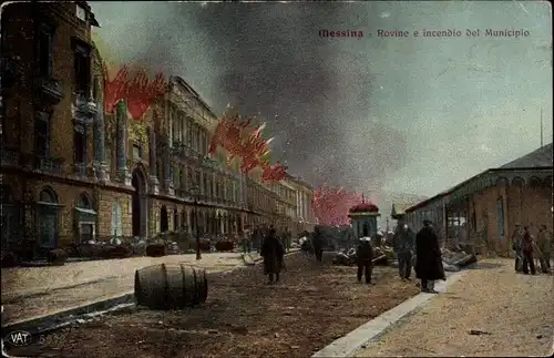 Ak Messina Sizilien, Rovine e incendio del Municipio, Ruine und Brand des Rathauses