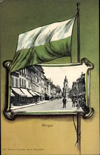 Passepartout Ak Morges Kanton Waadt, Straßenpartie, Reformierte Kirche, Geschäfte