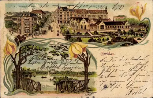 Litho Zwickau in Sachsen, Teilansicht, Teich, Tulpen