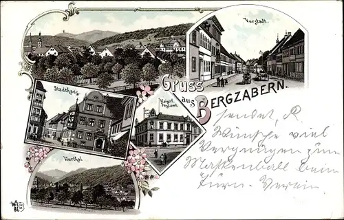 Litho Bad Bergzabern, Stadthaus, Kaiserliches Postamt, Kurtal, Vorstadt
