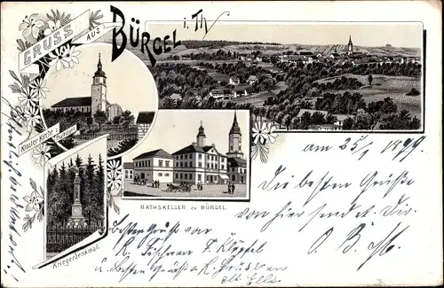 Litho Bürgel Thüringen, Klosterkirche, Kriegerdenkmal, Ratskeller, Panorama vom Ort