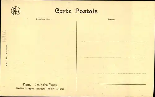 Ak Mons Wallonien Hennegau, Ecole des Mines, Machine a vapeur compound