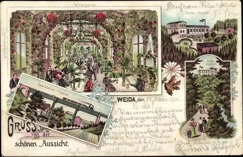 Litho Weida in Thüringen, Oschütztal Viadukt, Gasthaus Schöne Aussicht, Innenansicht