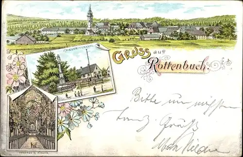 Litho Rottenbuch in Oberbayern, Kriegerdenkmal, Kirche, Totalansicht vom Ort