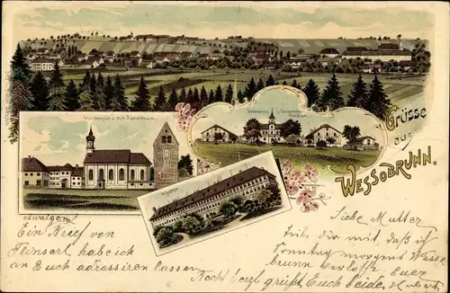 Litho Wessobrunn in Oberbayern, Panorama, Kloster, Kirchenplatz mit Römerturm