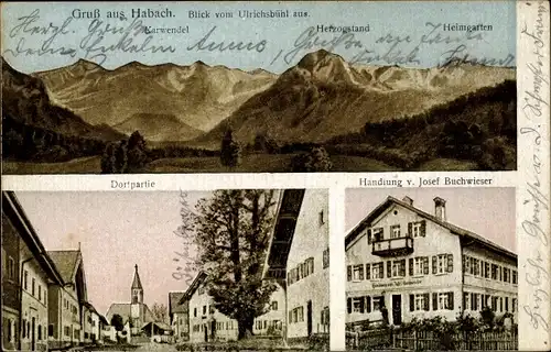 Ak Habach Oberbayern, Blick vom Ulrichsbühl aus, Heimgarten, Herzogstand, Geschäft Buchwieser