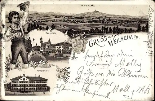 Litho Weilheim Oberbayern, Panorama, Kgl. Realschule, Hauptplatz, Bub in Tracht