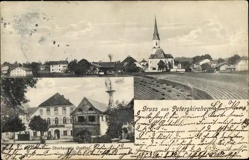 Ak Peterskirchen Tacherting in Oberbayern, Oberbauer's Gasthof, Windrad, Kirche