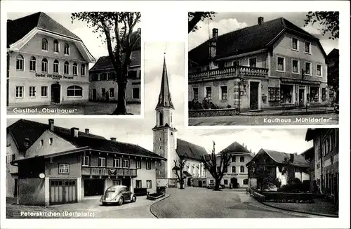 Ak Peterskirchen Tacherting in Oberbayern, Gasthof Oberbauer, Kaufhaus Mühldorfer, Kirche