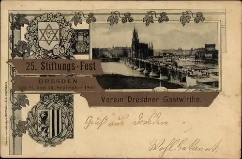 Ak Dresden Altstadt, 25. Stiftungsfest, Verein Dresdner Gastwirte 1899, Wappen