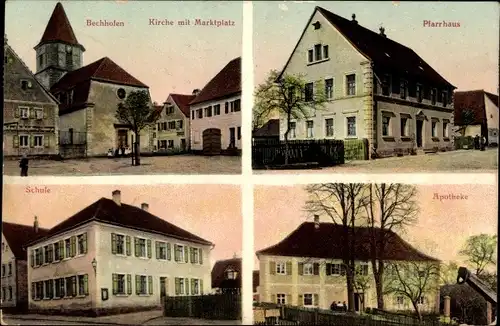 Ak Bechhofen Mittelfranken, Kirche m. Marktplatz, Pfarrhaus, Apotheke, Schule