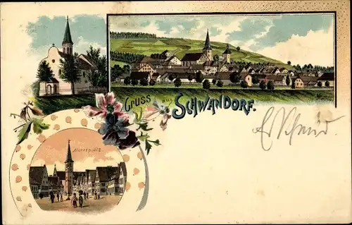 Litho Schwandorf im Oberpfälzer Wald Bayern, Marktplatz, Kreuzberg Kirche