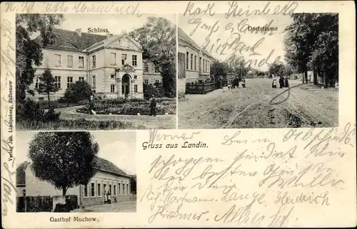 Ak Landin Kotzen im Havelland, Gasthof Muchow, Dorfstraße, Schloss