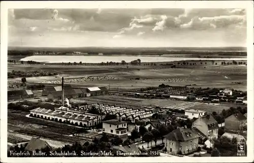 Ak Storkow in der Mark, Friedrich Buller Schuhfabrik, Luftbild