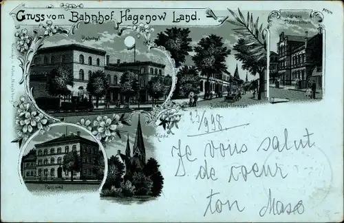 Mondschein Litho Hagenow in Mecklenburg, Bahnhof Hagenow Land, Bahnhofstraße, Post