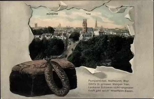 Passepartout Ak Münster in Westfalen, Totalansicht, Pumpernickel, Mettwurst, Essen