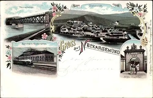 Litho Neckargemünd am Neckar, Bahnhof, Restauration, Neckarbrücke, Totalansicht, Altes Stadttor